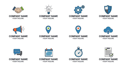 Collection of six business and communication vector icons: handshake, lightbulb, megaphone, map pin, chat bubbles, and calendar for corporate branding and digital assets, Flat Vector Elements, Vector