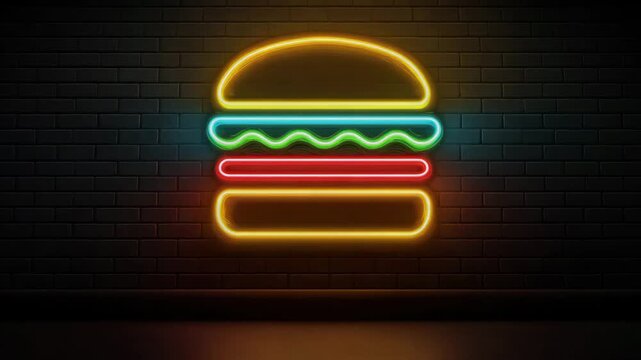 Glowing neon burger icon flickers on dark brick wall with vibrant colors, video background for food branding, fast-food promotions, delivery ads, and nightlife content, with copy space on the left