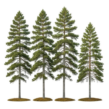 Four realistic evergreen trees with detailed, green foliage and brown trunks