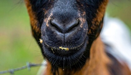 Close-up of a goat's face, nose and mouth, with bits of food