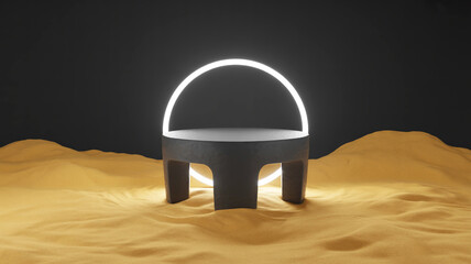Futuristic Pedestal with Neon Ring on Sand Dunes