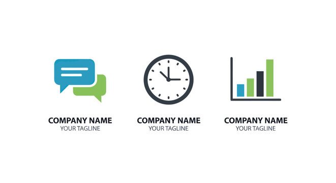 Modern Blue and Green Overlapping Speech Bubbles Logo Design for Communication and Chat Services with Company Name Placeholder on White Background, Flat Vector Elements, Vector Illustration, Simple