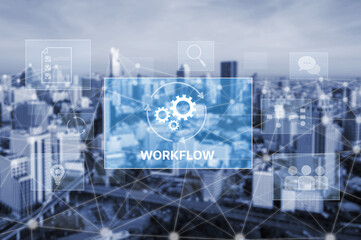 Workflow optimization concept featuring interconnected gears, task management, collaboration, process mapping, review, and automation for business productivity and efficiency Vouch