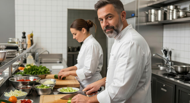 Smiling middle-aged chef and colleague chopping vegetables in professional kitchen, symbolizing passion for fine dining and collaboration