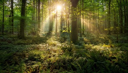 Fototapeta premium sunlight streams through a dense forest