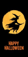 Happy halloween A striking silhouette of a witch flying on a broom against a vibrant full moon backdrop, with Happy Horror in bold, playful text