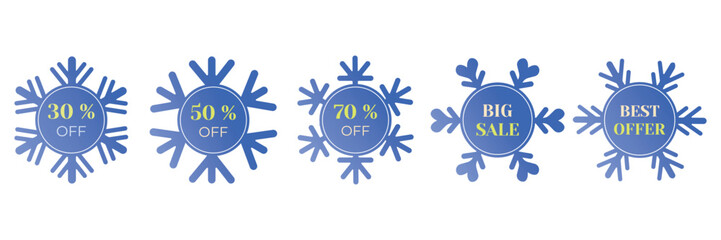 Big set of winter sale tags.Price banners set with snowflakes isolated on transparent background.Shopping stickers and badges.Winter shopping elements.Vector blue tags  for web, merchandise, promotion