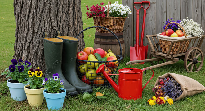 Still life of gardening tools, boots, flowers, and fruit, symbolizing the abundance of the harvest and outdoor work