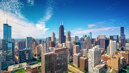 Naklejka premium vibrant sunny view of chicago downtown skyline under a blue sky