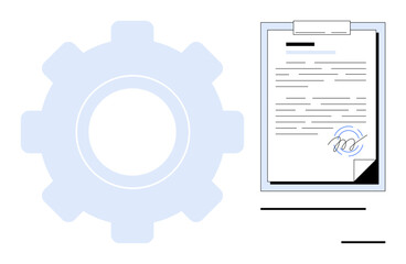 Gear next to clipboard with signed document suggests efficiency and technology in agreements. Ideal for business operations, legal frameworks, agreement tools, automation, innovation, corporate