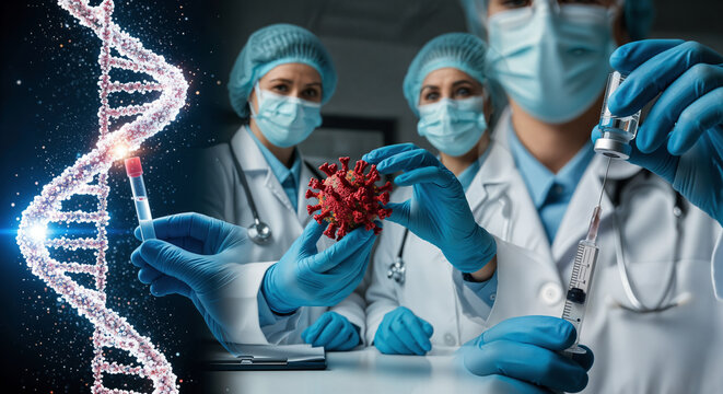 Team scientists fight the virus by studying DNA, a symbol of medical research and futuristic vaccine development.