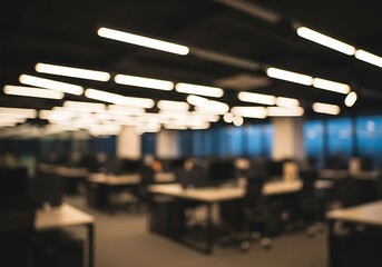 Blurred Office Interior with Modern Lighting and Workstations.