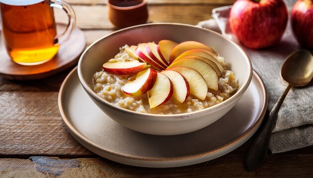 a warm bowl of oatmeal topped with fresh apple slices drizzled with honey served on a rustic wooden table alongside a cup of tea