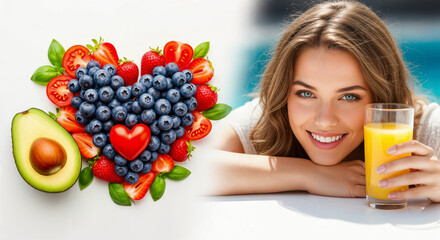 Wellness and vitality. A smiling woman links the joy of living to a heart of fruits and vegetables, promoting conscious healthy eating