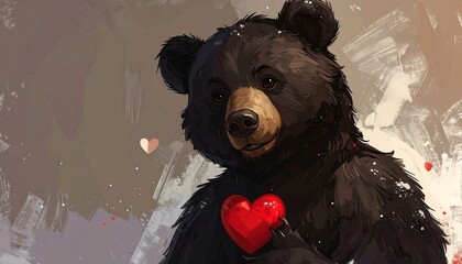 Bear holding a red heart, digital art