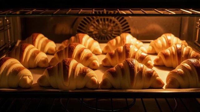 Golden croissants baking in a hot oven on a baking sheet
