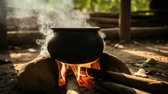 Traditional cooking pot simmering over an open fire outdoors