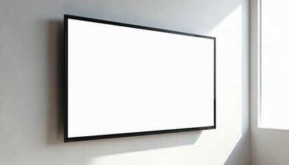 Modern widescreen display monitor with blank white panel screen mounted on light wall. Sunlight streams from window, casting shadow. Empty digital template ready for content in bright, clean office