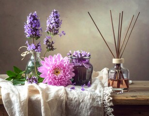 Still life arrangement of purple and pink flowers,  jars, and incense sticks on a wooden surface.  Muted tones and soft light create a tranquil ambiance