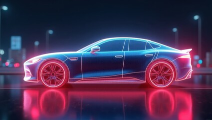 Futuristic car design with neon outlines and glowing wheels, illuminated by vibrant red and blue colors against a dark cityscape, creating a captivating and stylish illustration in a digital artwork.