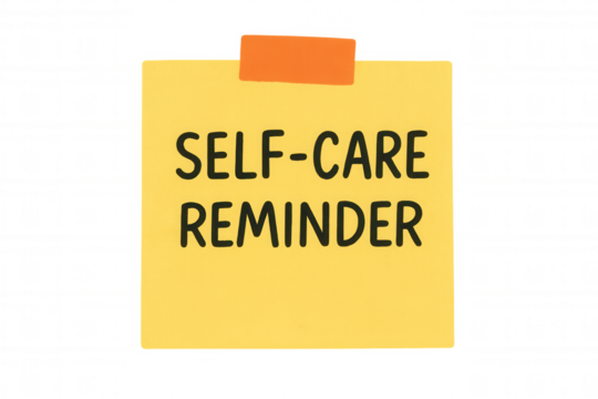 Self-care reminder note promoting mental wellness and personal health on transparent background