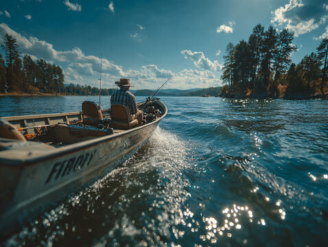 a person is fishing from a boat on a river surrounded by rocky cliffs and autumn-colored trees. The boat has fishing gear and equipment on board.