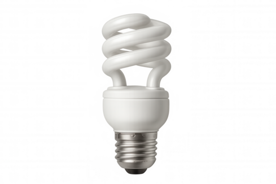 White compact fluorescent light bulb saving energy and illuminating with spiral design, transparent background