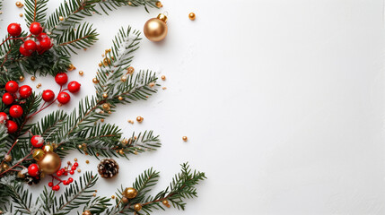 Bright white festive background with green pine branches, vibrant red berries, and elegant golden baubles, perfect for seasonal banners and elegant holiday cards.