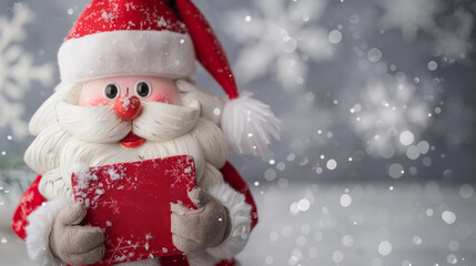 Close-up of cheerful Santa Claus holding a red gift box in a snowy winter background, perfect for Christmas promotions, greeting cards, and holiday campaigns.