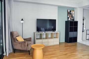 Cozy Modern Living Room Featuring Stylish Furniture, Flat-Screen TV, and Decorative Elements for a Chic Interior Design Atmosphere