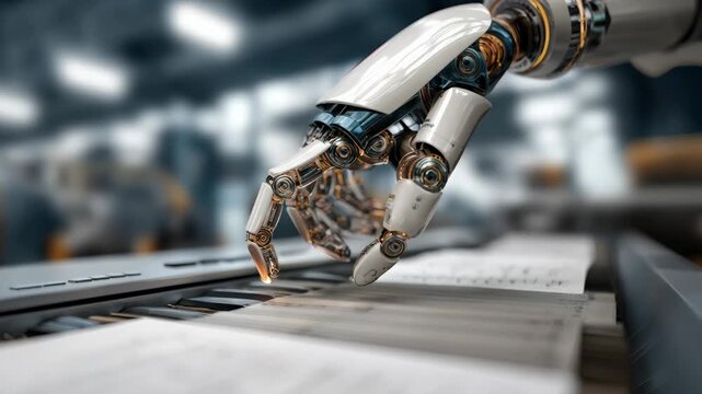Medium shot of a robot processing invoices and financial reports showcasing automation in accounting to reduce errors and improve efficiency in finance departments.