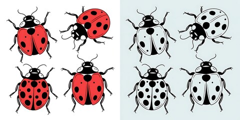 Naklejka premium Four red ladybugs and four black and white ladybugs arranged in two groups