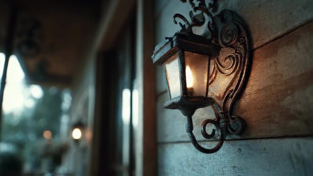Iron vintage wall sconce with ornate scrollwork in focus its rustic finish adding character to a dimly lit timelessly styled living space.
