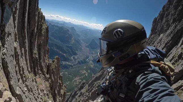 Thrilling POV helmet-cam shot of wingsuit flight at extreme speed through a narrow, jagged mountain pass in the Swiss Alps, rock walls rushing past under a clear blue sky&mdash;pure adrenaline and freedom.
