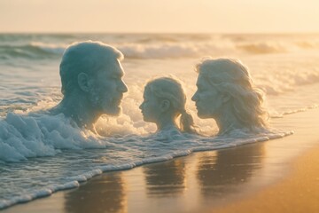 Surreal seashore scene depicting family sculpted from ocean waves, symbolizing unity, love, and connection with nature