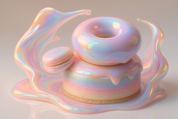 Futuristic rainbow dessert featuring glossy pastel donut, macaron, and melting glaze with holographic iridescent texture