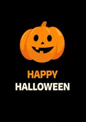 Naklejka premium A cheerful pumpkin with a smiling face is featured against a black background, accompanied by the text Happy Halloween, making it ideal for decorations, greeting cards