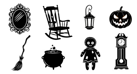A spooky collection of haunted house object silhouettes for a vintage and gothic Halloween theme.
