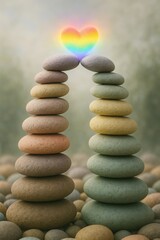 Balanced stone arch made of smooth pebbles with glowing rainbow heart on top symbolizing harmony and love