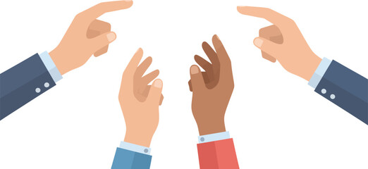 Diverse hands pointing towards the center and reaching upwards, symbolizing collaboration, discussion, voting, selection, or an inclusive meeting with equal opportunity graphic concept.