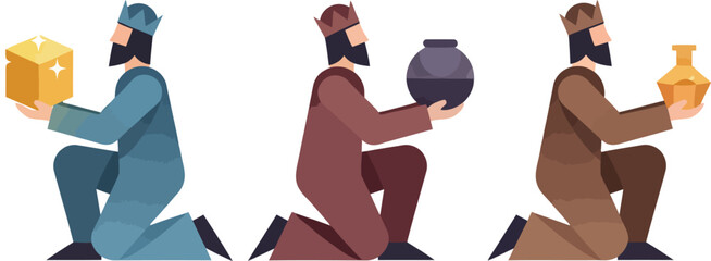 Three Magi kneeling and offering their gifts of Gold, Frankincense, and Myrrh; a minimal and modern stylized religious Epiphany and Christmas nativity scene graphic illustration.