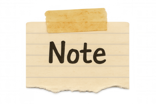 Lined paper note, torn at the bottom edge, fixed with old adhesive tape, showing the word note. Transparent background