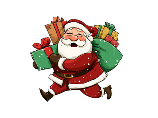Santa Claus running with gifts isolated on transparent background