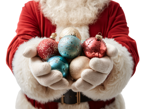 Santa Claus hands holding Christmas ornaments isolated on transparent background