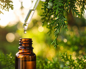 Frasco de vidro âmbar com uma pipeta conta gotas de vidro caindo gota de óleo essencial de Cipreste, árvore Cupressus sempervirens, aromaterapia