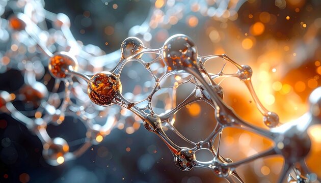 Three-dimensional molecular model with colored spheres and rods representing atomic structure, showcasing chemical bonding and spatial geometry.