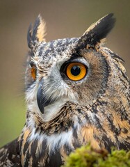 Close-up of an owl's head and upper body.  A detailed portrait of an owl's face and head, showcasing intricate markings and plumage.  Its bright yellow eyes are prominent, and soft-focus background