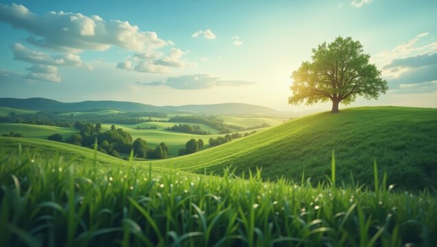 A sunlit landscape displays a lush green hill, with a large tree bathed in the warm glow of the sun's rays, set against a backdrop of rolling hills, under a bright blue sky and fluffy clouds.