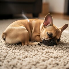 Sleeping French Bulldog on a Rug - A Moment of Peaceful Rest.