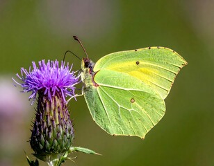 Close-up of a light green and yellow butterfly on a purple thistle